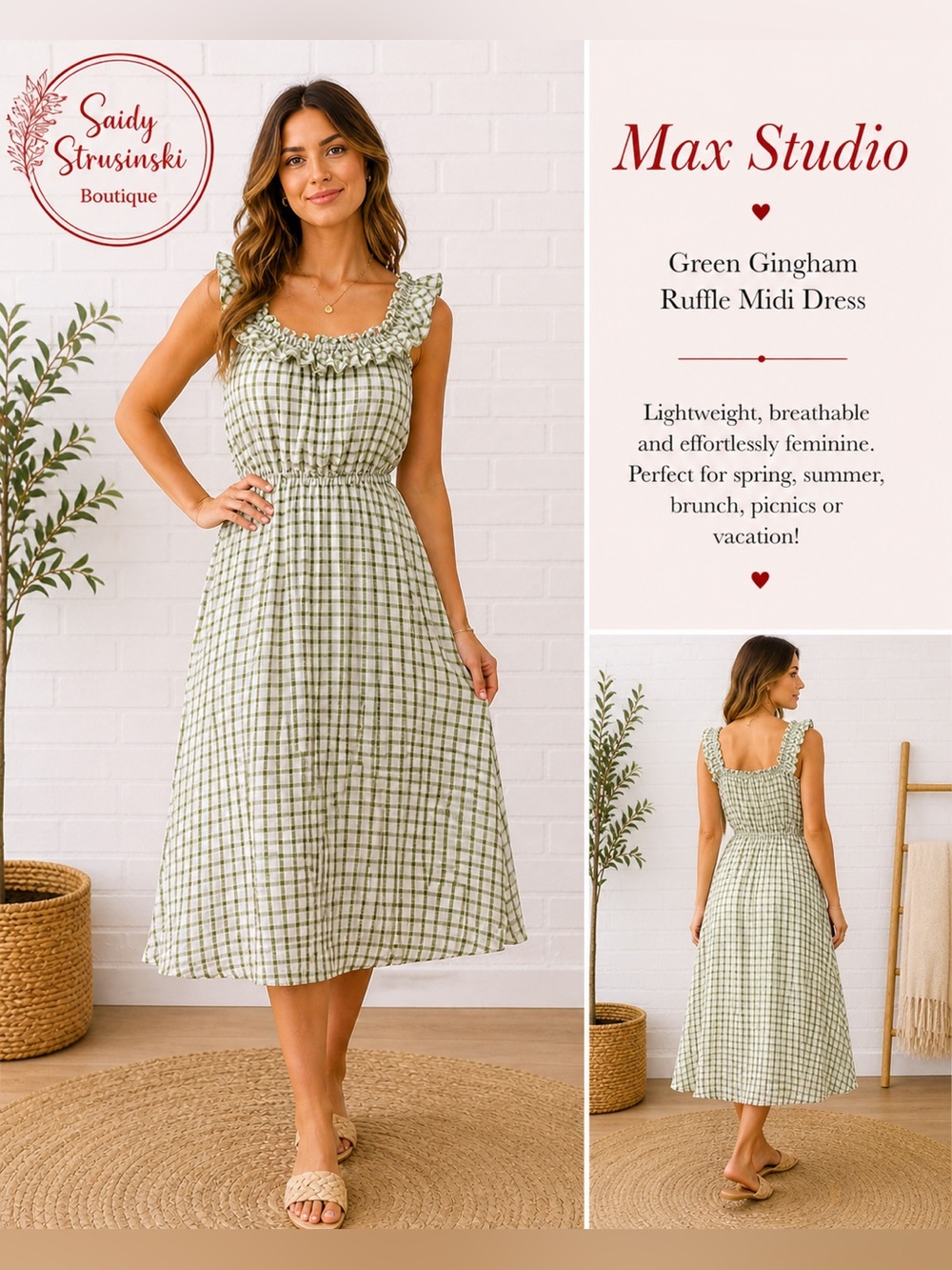 Max Studio Green Gingham Ruffle feminine casual Midi Dress Size M